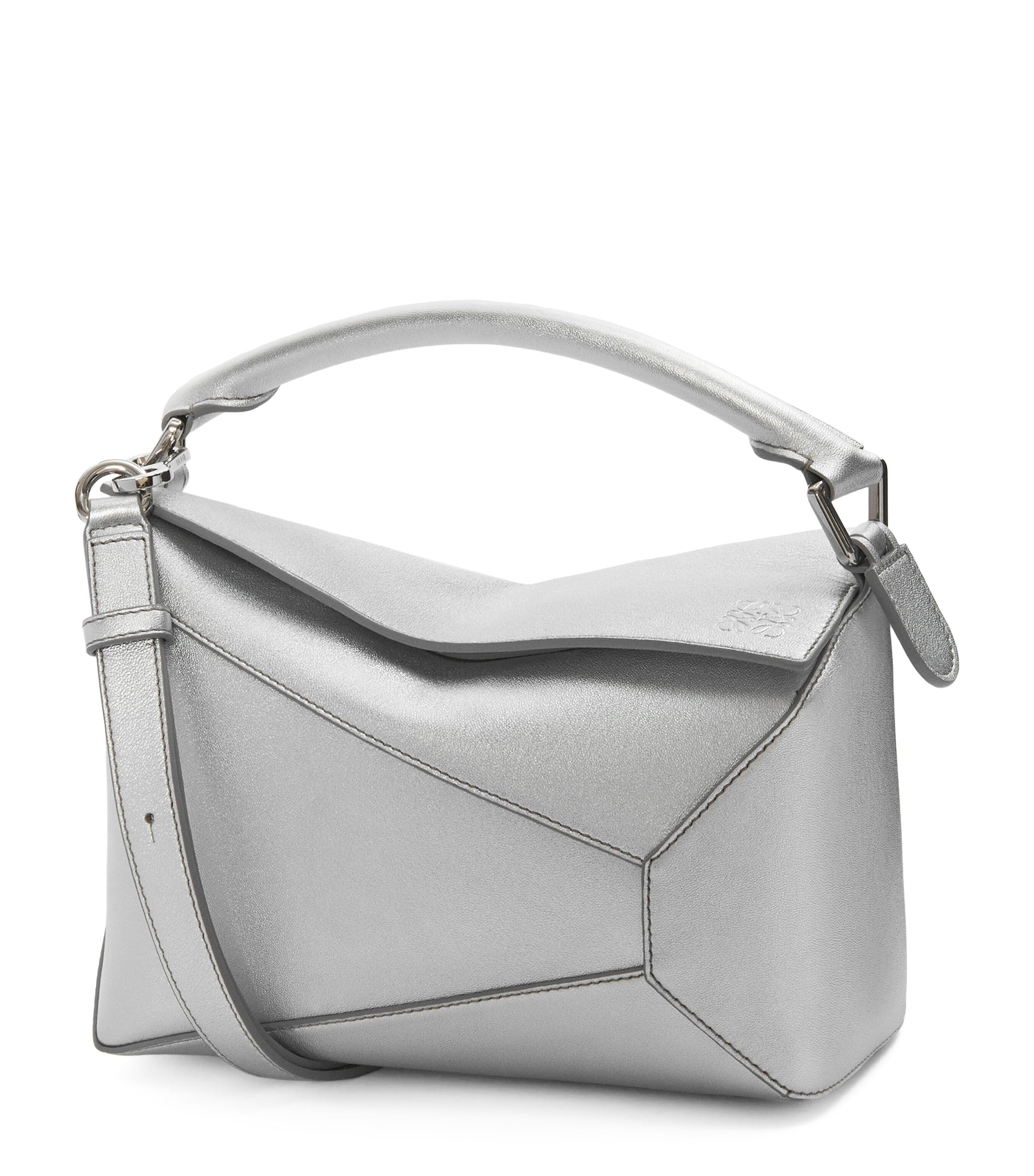LOEWE Silver Small Metallic Leather Puzzle Top-Handle Bag | Harrods UK
