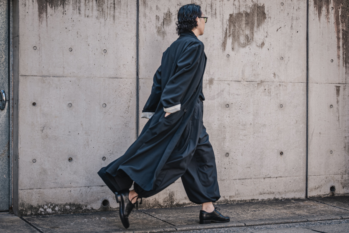 Y's ブラックフード付きロングモッズコート ウールギャバ ウール