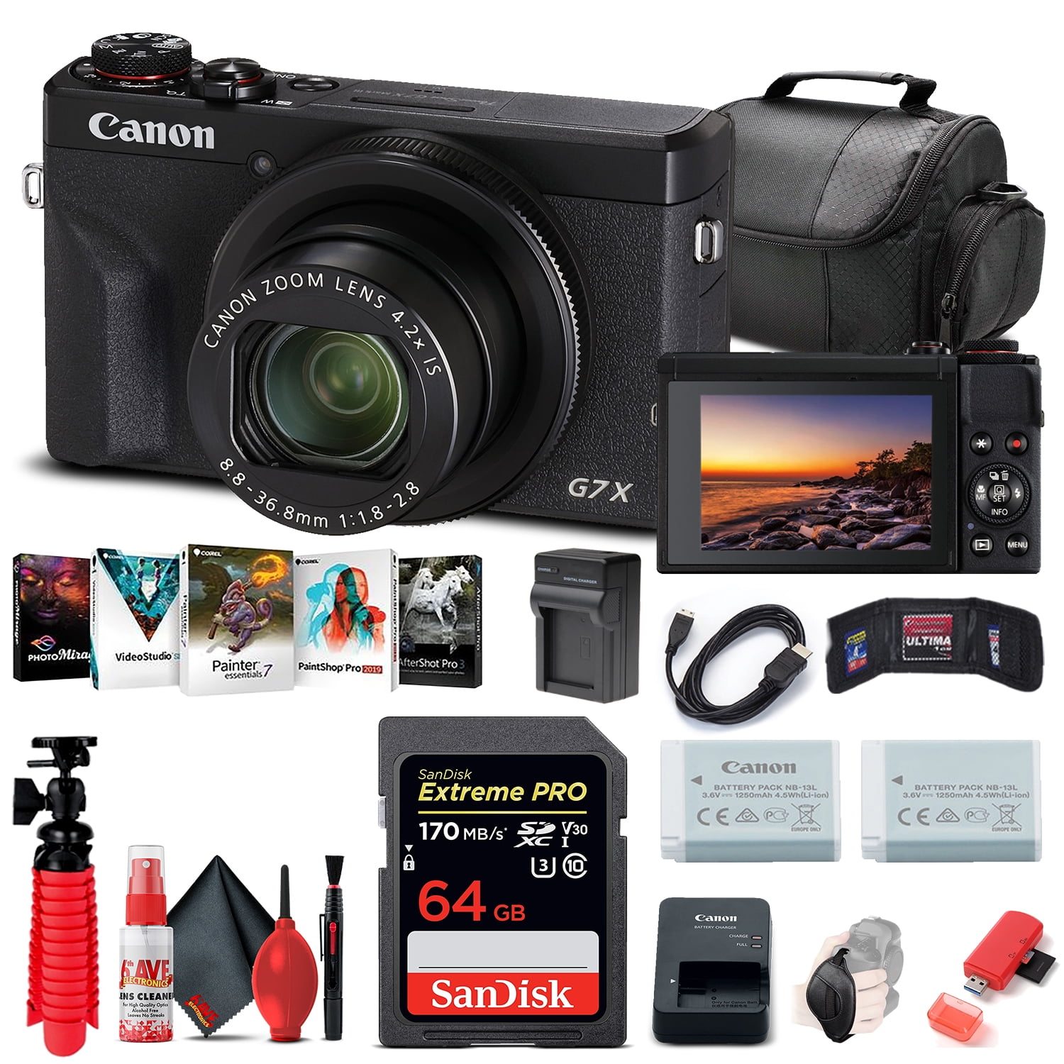 PowerShot G7 X Mark III Camera Bundle: Black, 64GB Card, NB13L