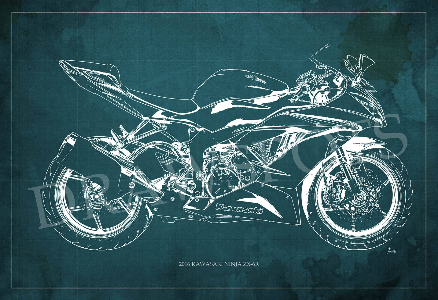 2016 Kawasaki Ninja ZX-6R Blueprint, Art Print 8x12in to 60x41in