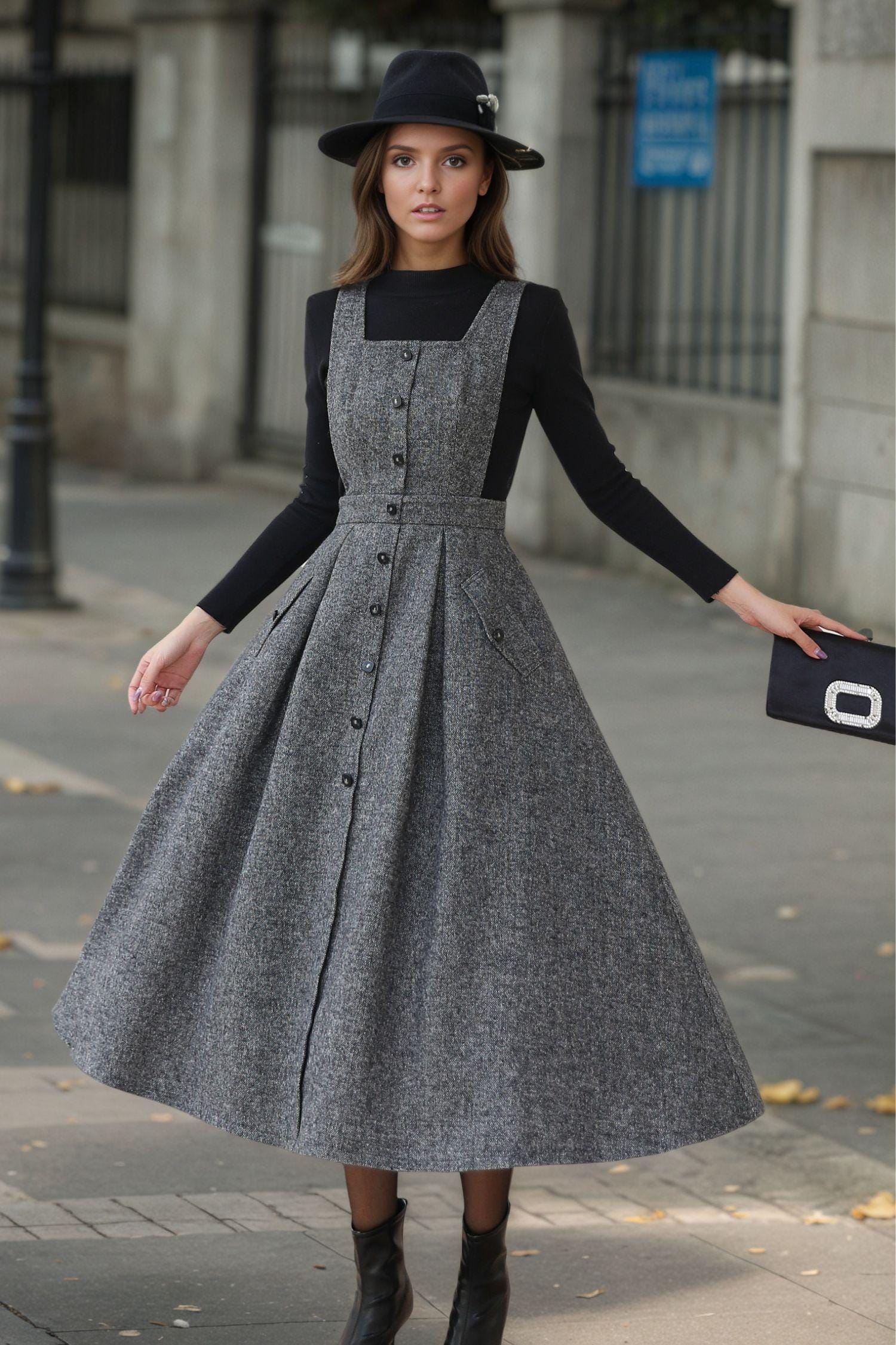 Wool Button-up A-line Midi Dress: Chic Grey Fall Winter Dress