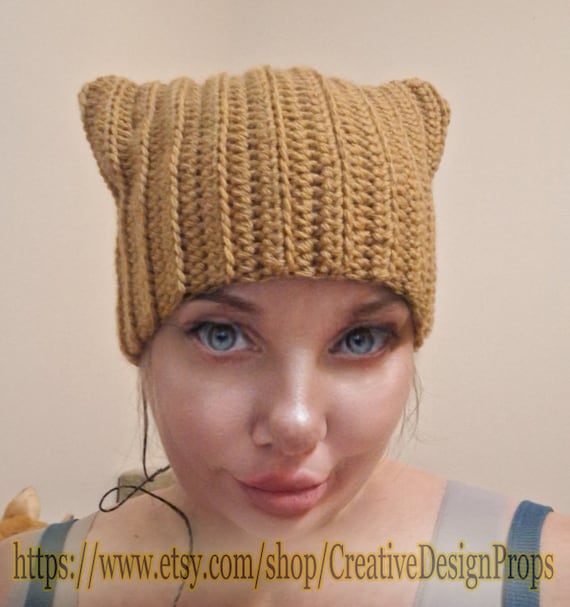 Crochet Brown Cat Ear Beanie Kitty Ear Hat, Slouchy Beanie