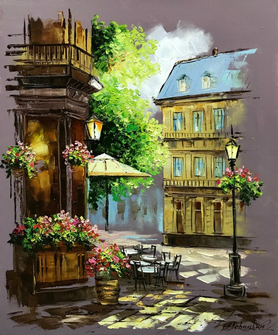 キャンバスに描かれたパリの街並みの絵画 フランスのカフェの油絵