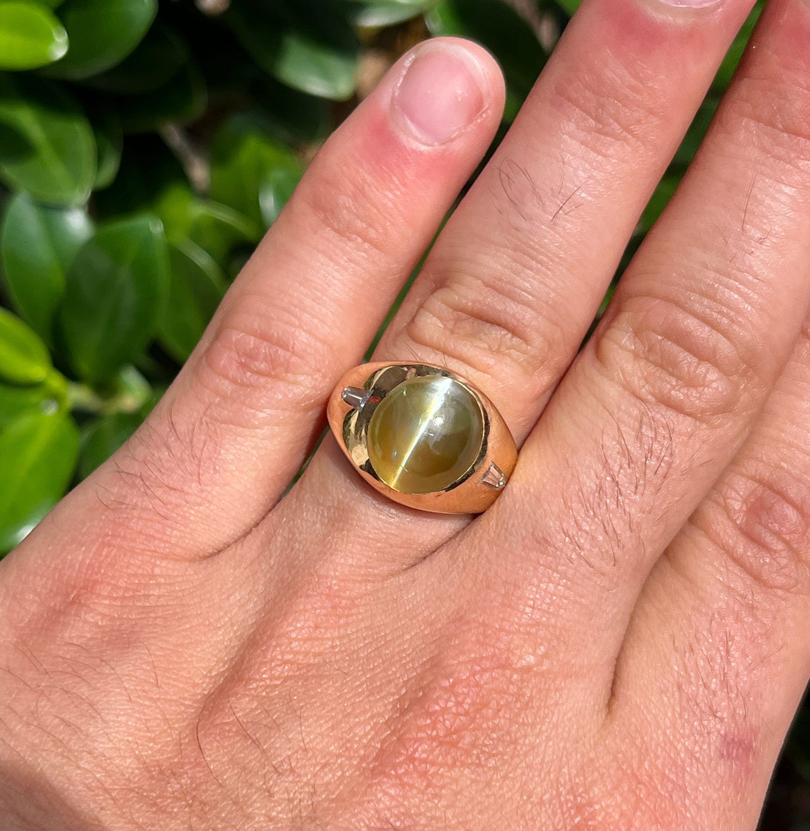天然 12 カラット クリソベリル キャッツアイ メンズ リング 18K