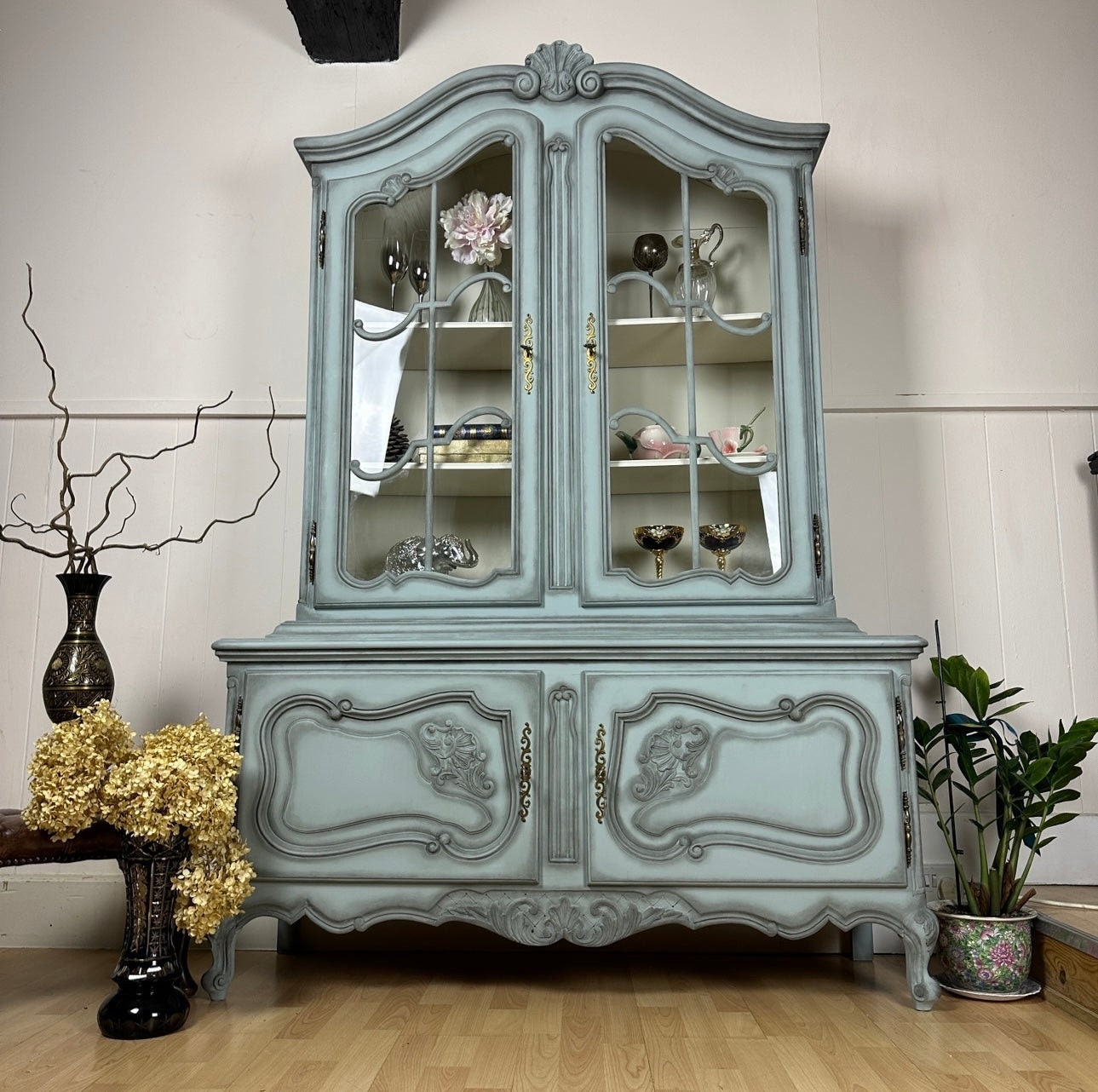 French Antique Display Cabinet Powder Blue Carved Ornate Cabinet