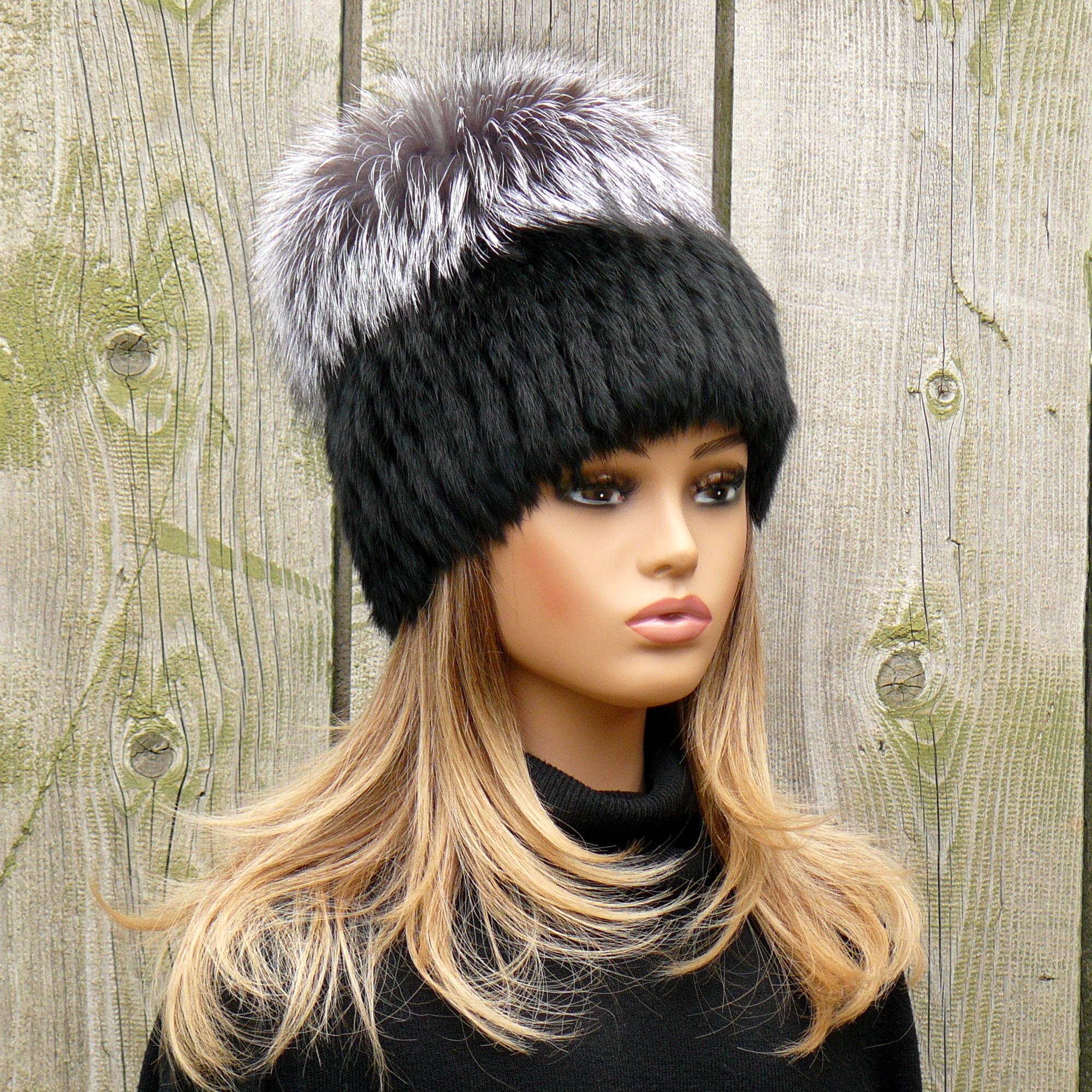Black Rabbit Fur Hat Women, Rabbit Fur Beanie, Hat With Silver Fox