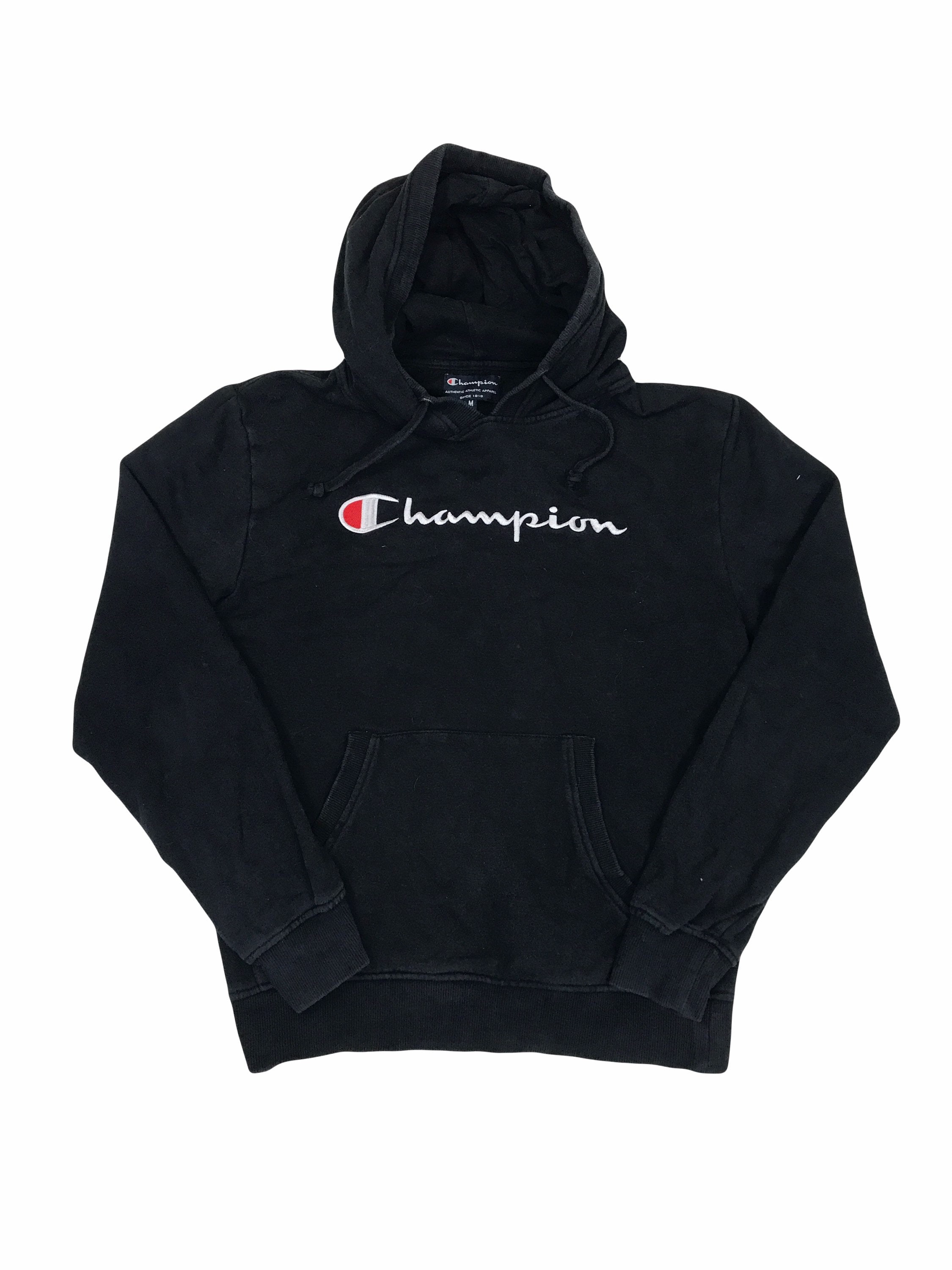 Vintage 90s Champion Black Embroidered Spell Out Hoodie Size Small