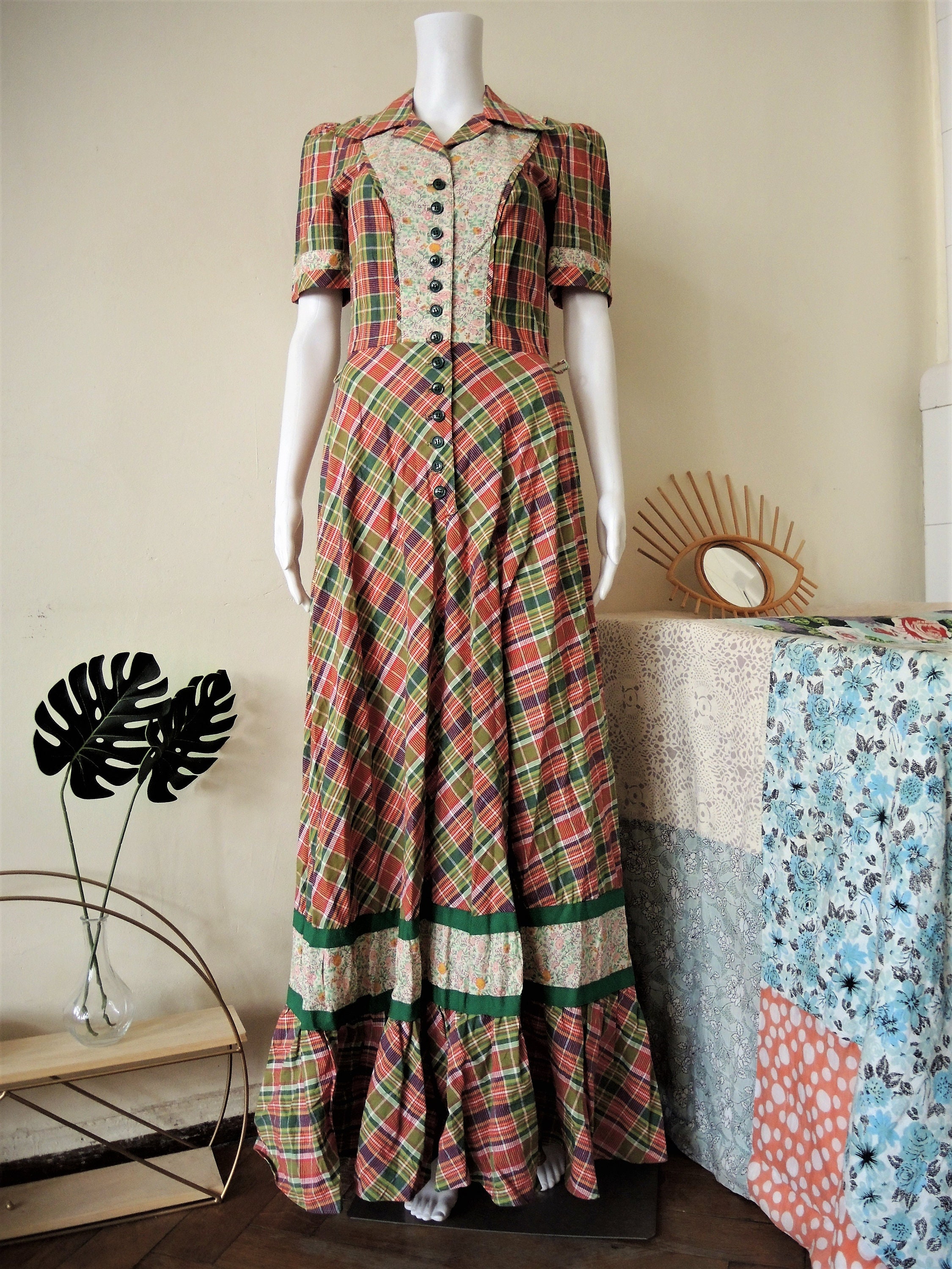 Vintage Betty Barclay Cotton Maxi Prairie Dress With Madras Check