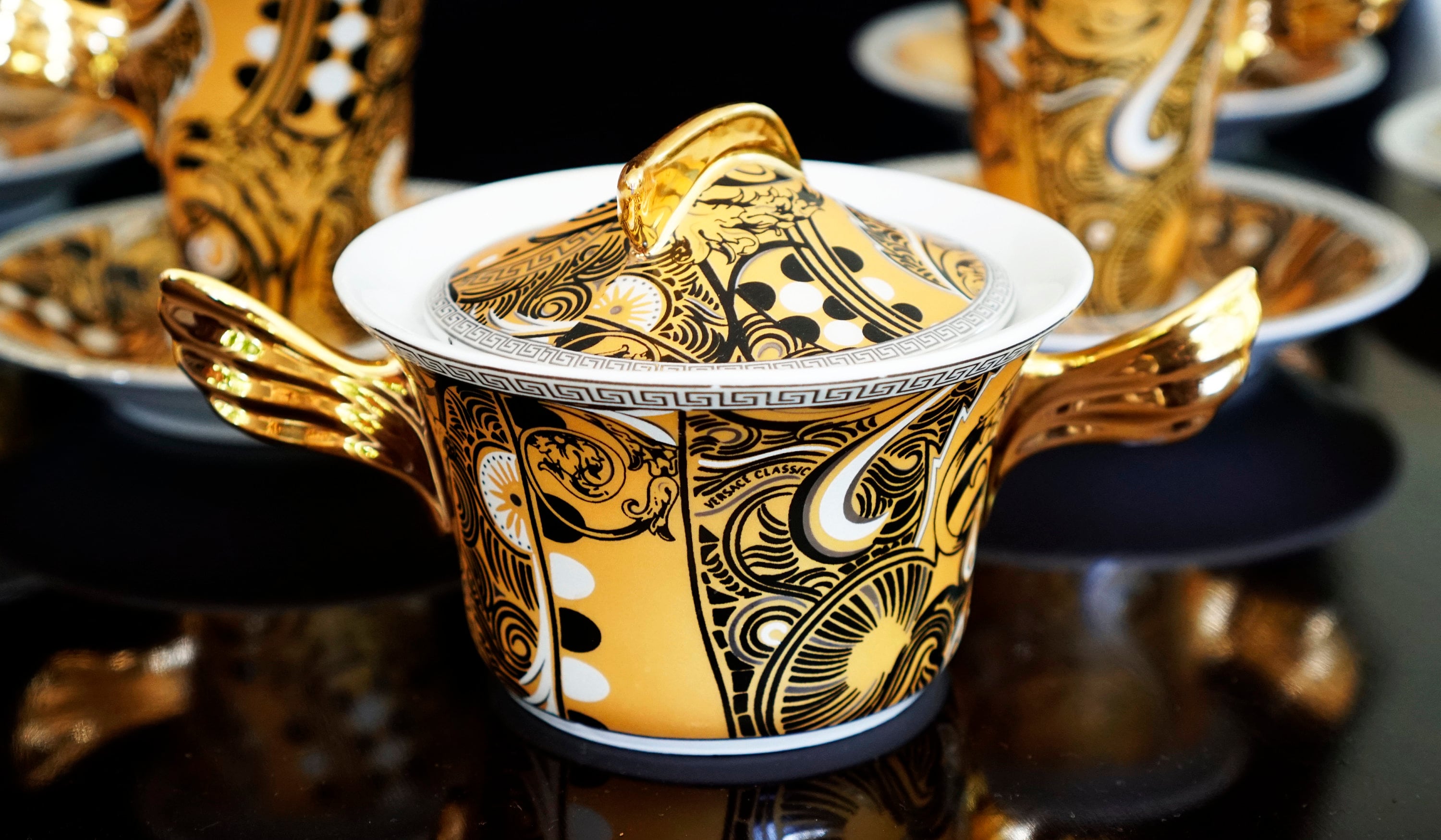 VERSACE ROSENTHAL Medusa Tea Service for 8: Gold & Black Weider