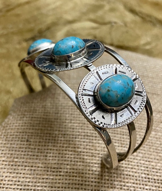 Mexico Sterling Cuff With Genuine Turquoise Stones, Sterling