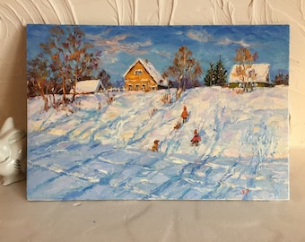 雪の風景 油彩画 油絵【雪景色の中で雪に立つ鹿】 | iichi 日々の