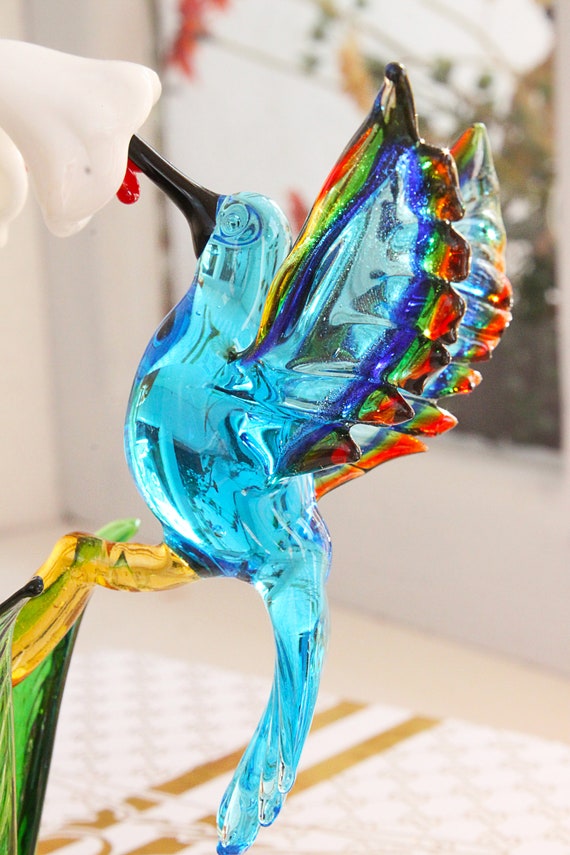 Hummingbird and Flower Glass Sculpture, Murano Glass Bird, Art