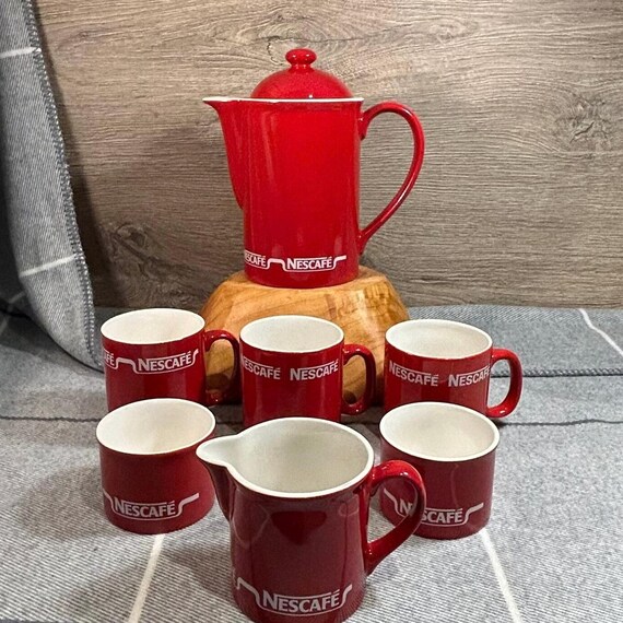 Vintage 1990s Large Red Ceramic Nescafe Coffee Pot Set | Retro Red
