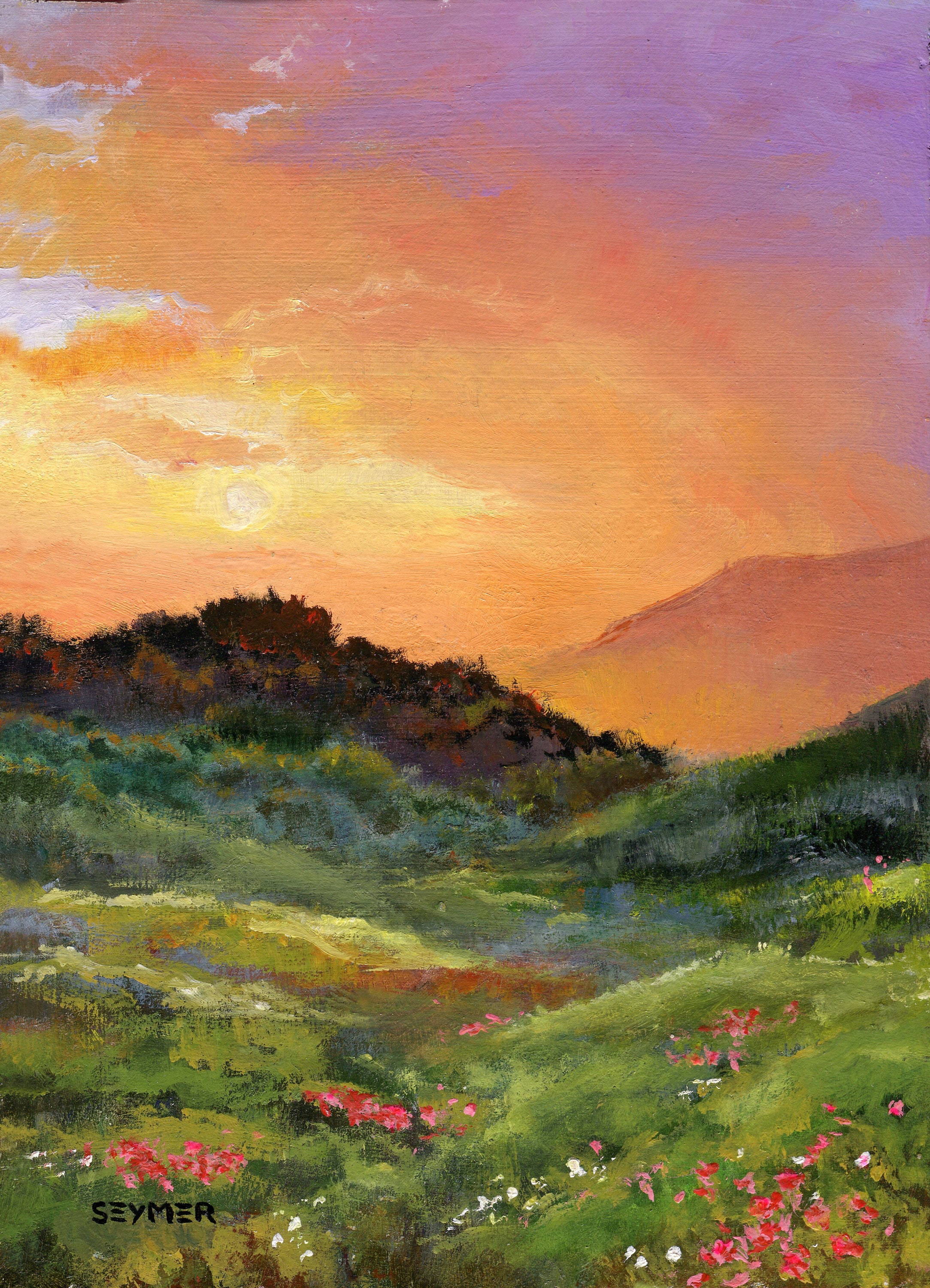 夕焼け風景油絵オリジナル、額入り田舎風景画、モダンファームハウス画