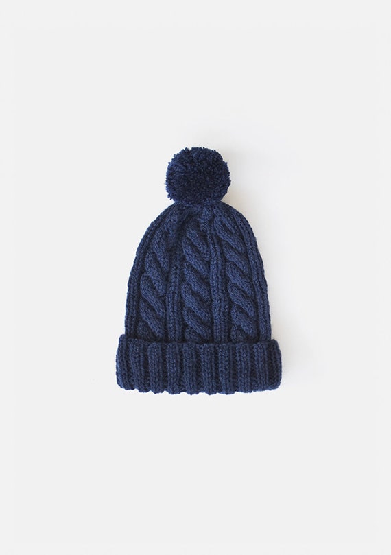 Mens Wool Blend Knit Beanie: Dark Blue Pom-pom Hat - Etsy