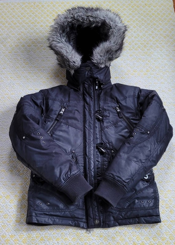 Vintage Y2K Black Down Bomber Jacket ~ 2000s Oversized Faux Fur