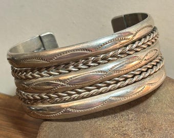 Navajo Sterling Stamped Cuff Bracelet 51g 925 Silver Braided Rope