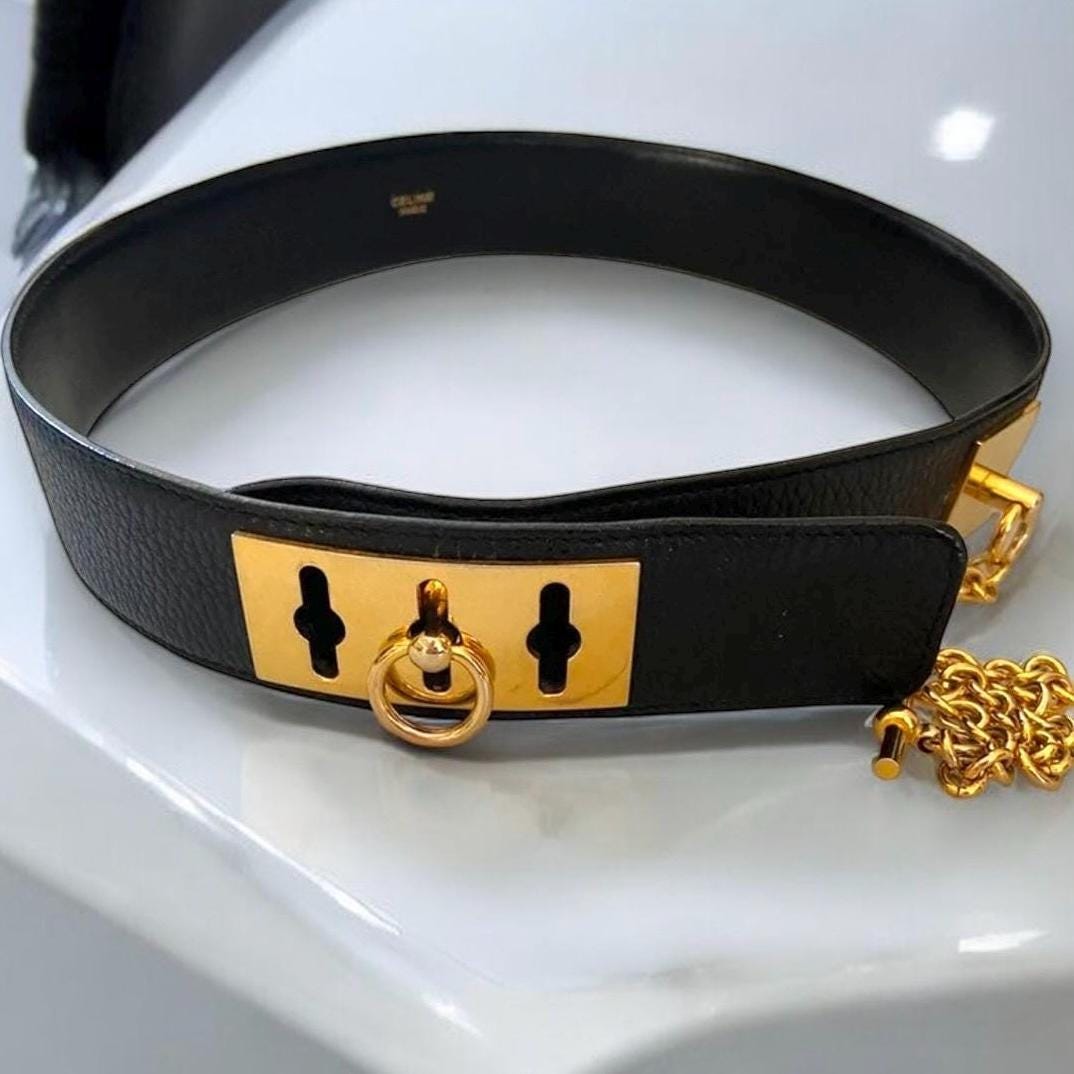 Authentic Celine Vintage Black Patent Leather Gold Buckle Chain