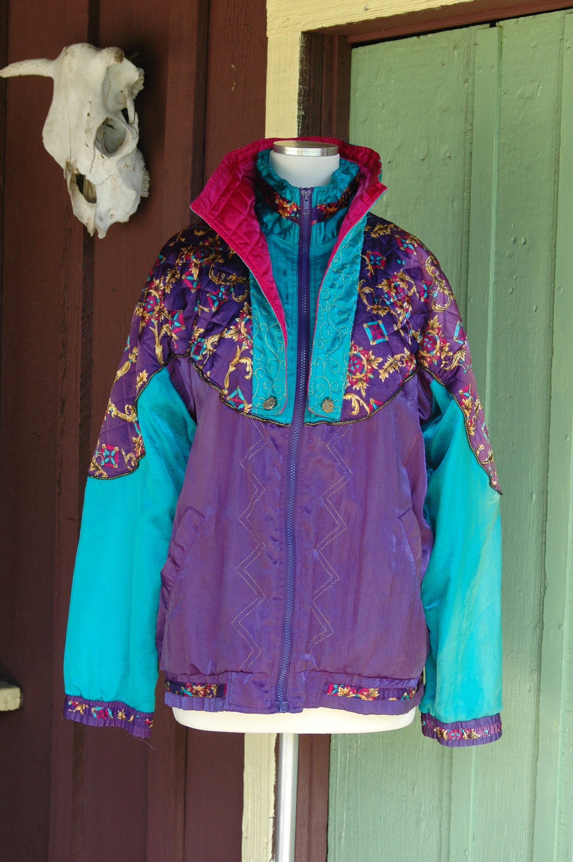 1980s 1990s Purple Green Ornate Warm up Jacket // 80s 90s Nylon