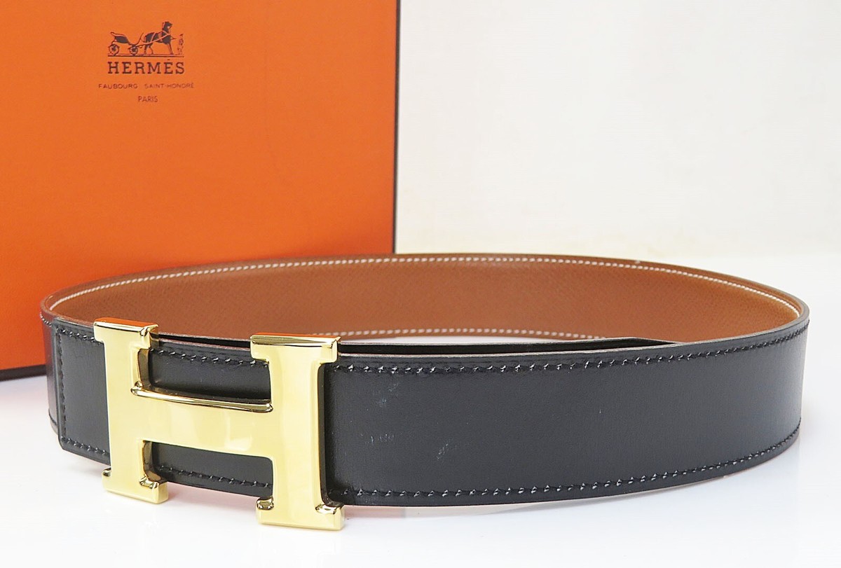Authentic HERMES Black Leather Belt with Goldtone H Buckle #52359