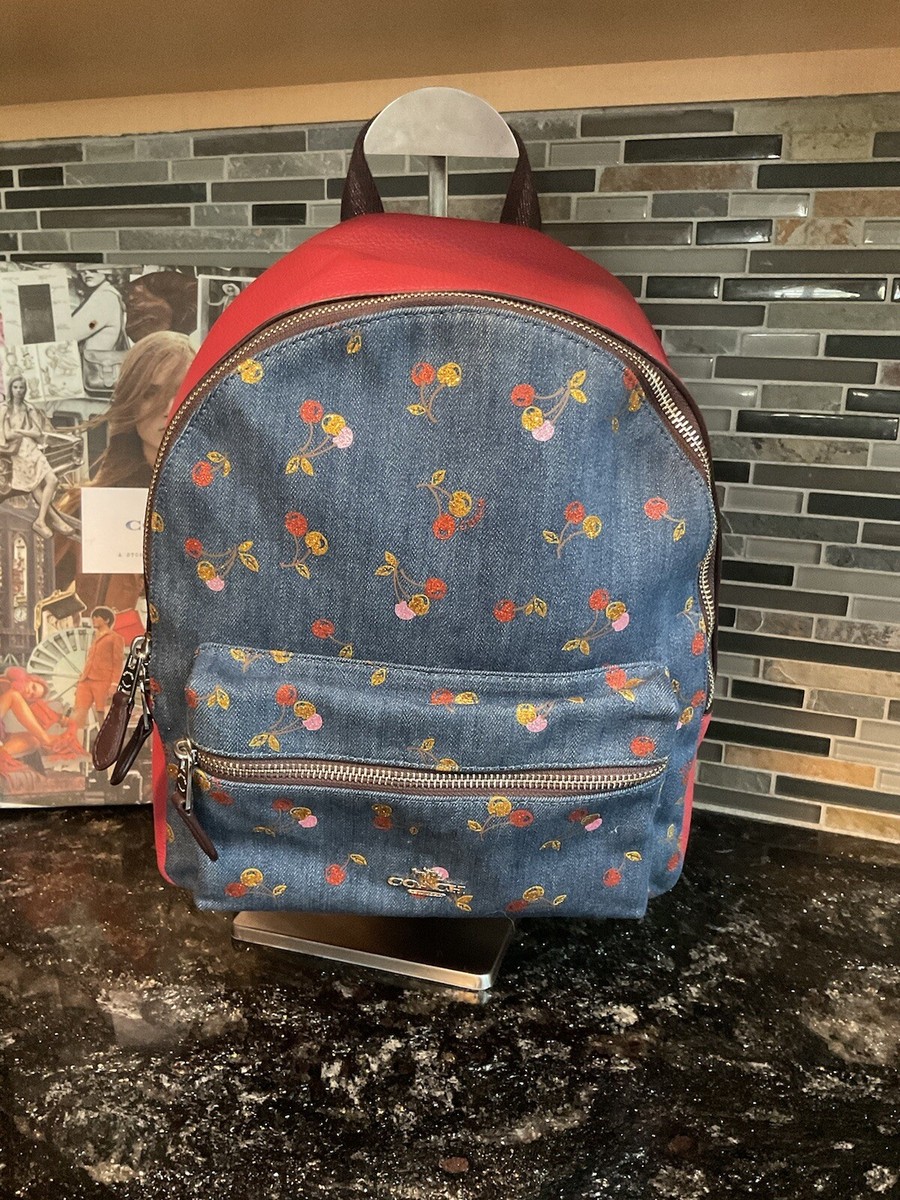Coach Medium Charlie Backpack Pebble Denim Cherry Print Leather