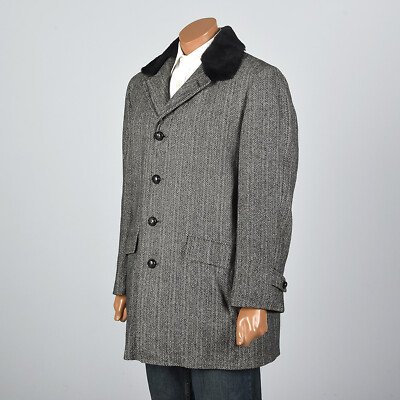 42 1970s Mens Winter Coat Black White Herringbone Wool Tweed Plush