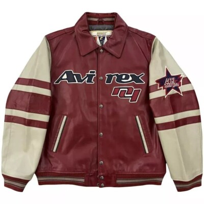 Avirex Men's All Star Goalers Maroon & Cream Bomber Leather Jacket
