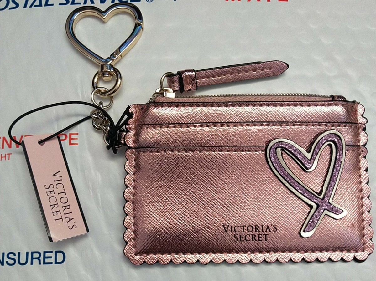 New VICTORIA'S SECRET METALLIC PINK HEART CARD CASE KEYCHAIN