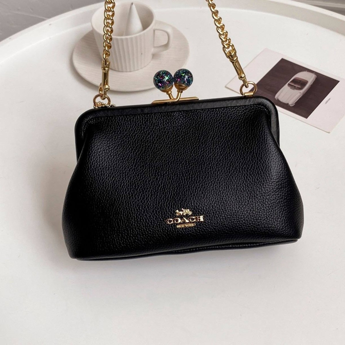 COACH Nora Kisslock Crossbody C1451Black Leather Shoulder Bag Gold