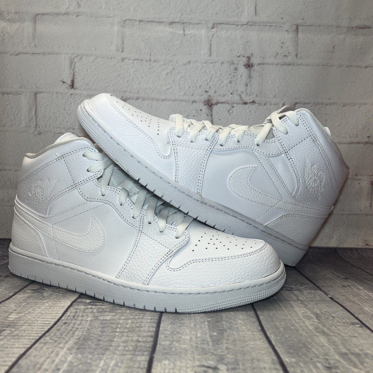 Nike Air Jordan 1 Mid Leather Triple White Shoes 554724-130 Men's