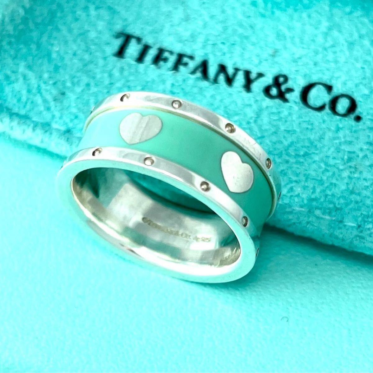 Authentic Tiffany & Co. Blue Enamel Heart Band Ring 925 