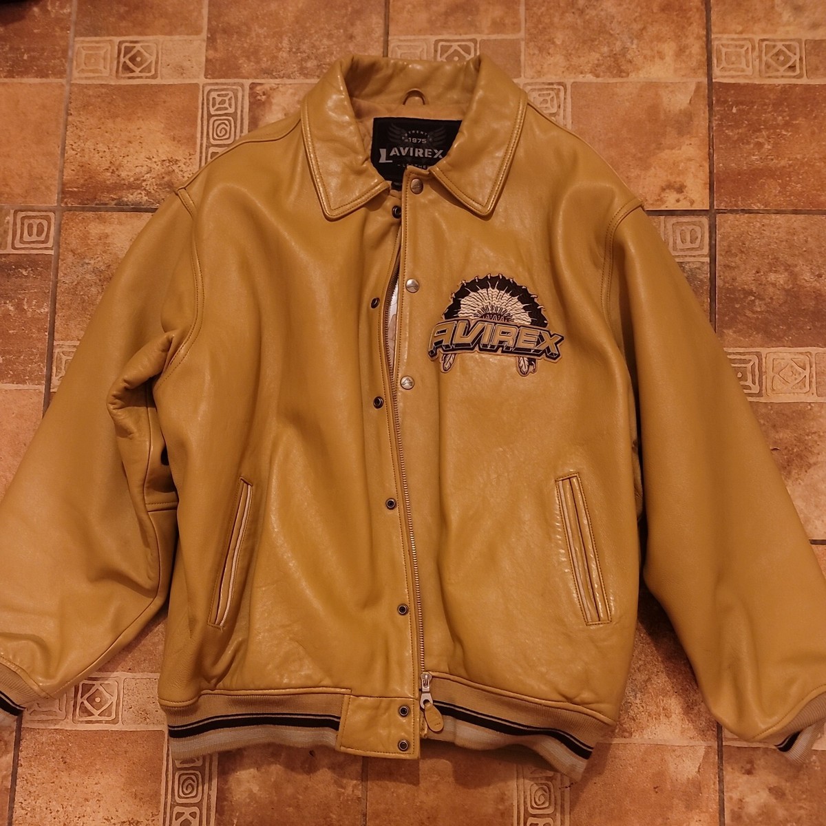 Avirex Authentic Adult Xxl Indian Head Tan Leather Coat | eBay