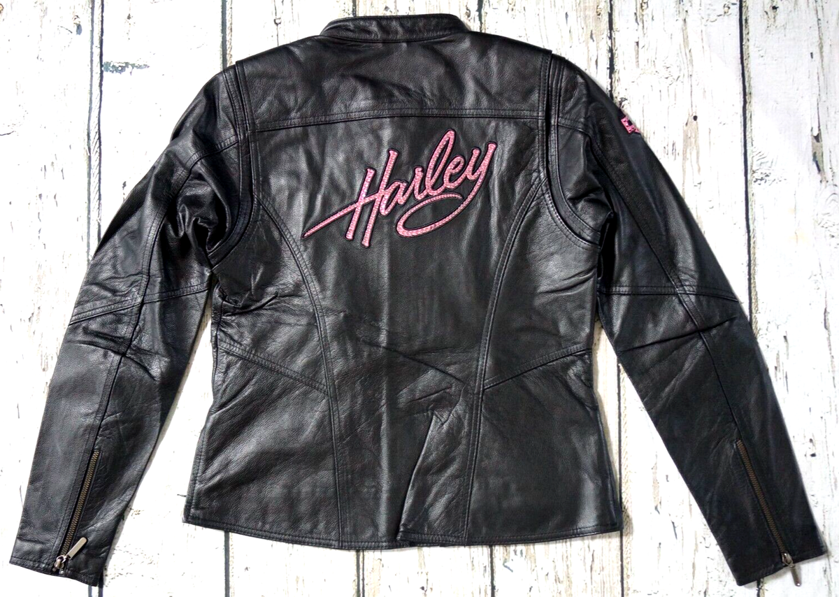 Harley Davidson Women Pink Label Crystal Black Leather Biker