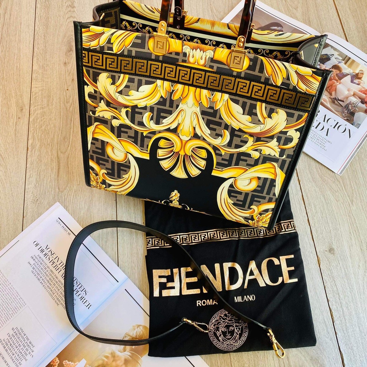 Fendi X Versace Fendace Collaboration Sunshine Black Gold Shopper