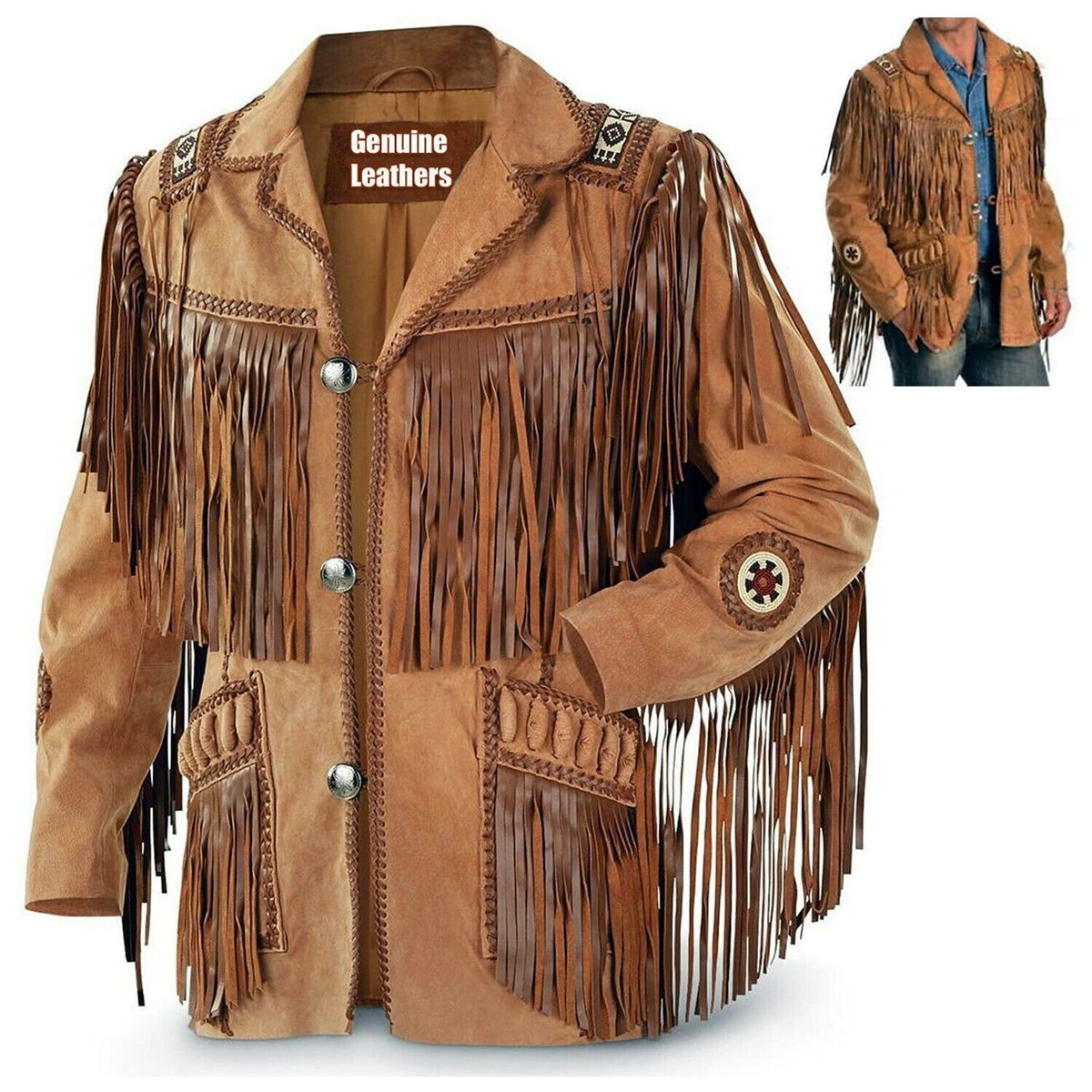 Men's Traditional Western Cowboy Leather Jacket coat with fringe