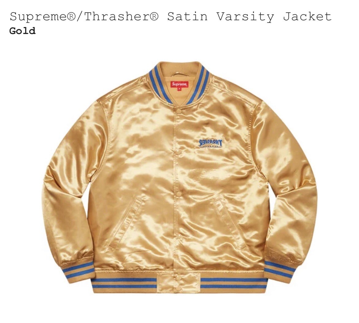 Brand New Supreme x Thrasher Gold Satin Varsity Jacket - Size