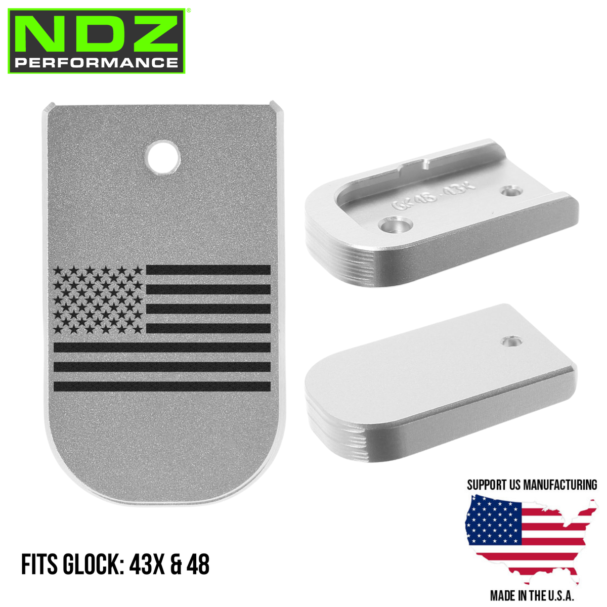 NDZ Glock 43X 48 Magazine Base Plate Aluminum Silver, Black