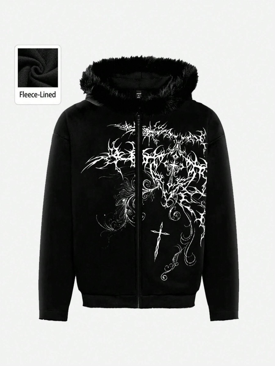 Y2K Streetwear Hoodie - ROMWE Men's Goth Cross Print Faux Fur Zip
