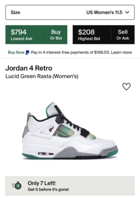 Wmns Air Jordan 4 Retro Lucid Green Rasta - Size 11.5W / 10M