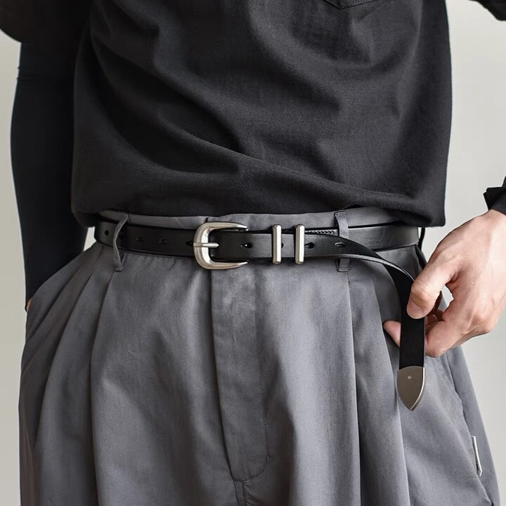 NEW BELT OUR LEGACY in BLACK Grained Leather Double Metal Silver