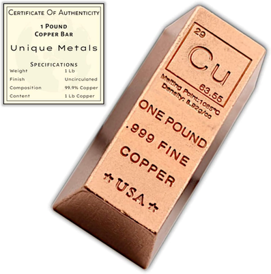 1 Pound Copper Bar Ingot Paperweight - .999 Pure Copper Bar