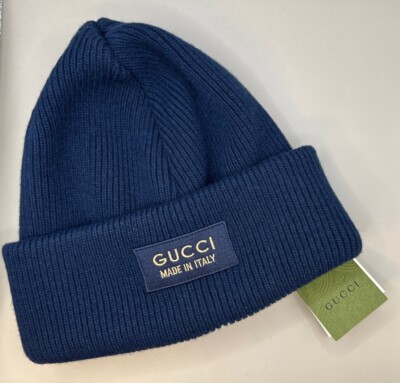 Gucci Knit Wool Hat Beanie With Patch Navy Blue Size M 58 (22cm