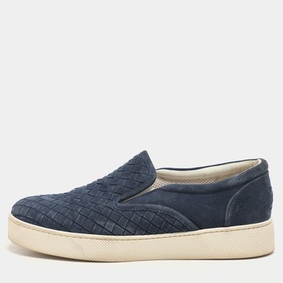 Bottega Veneta Navy Blue Intrecciato Suede Dodger Slip On Sneakers