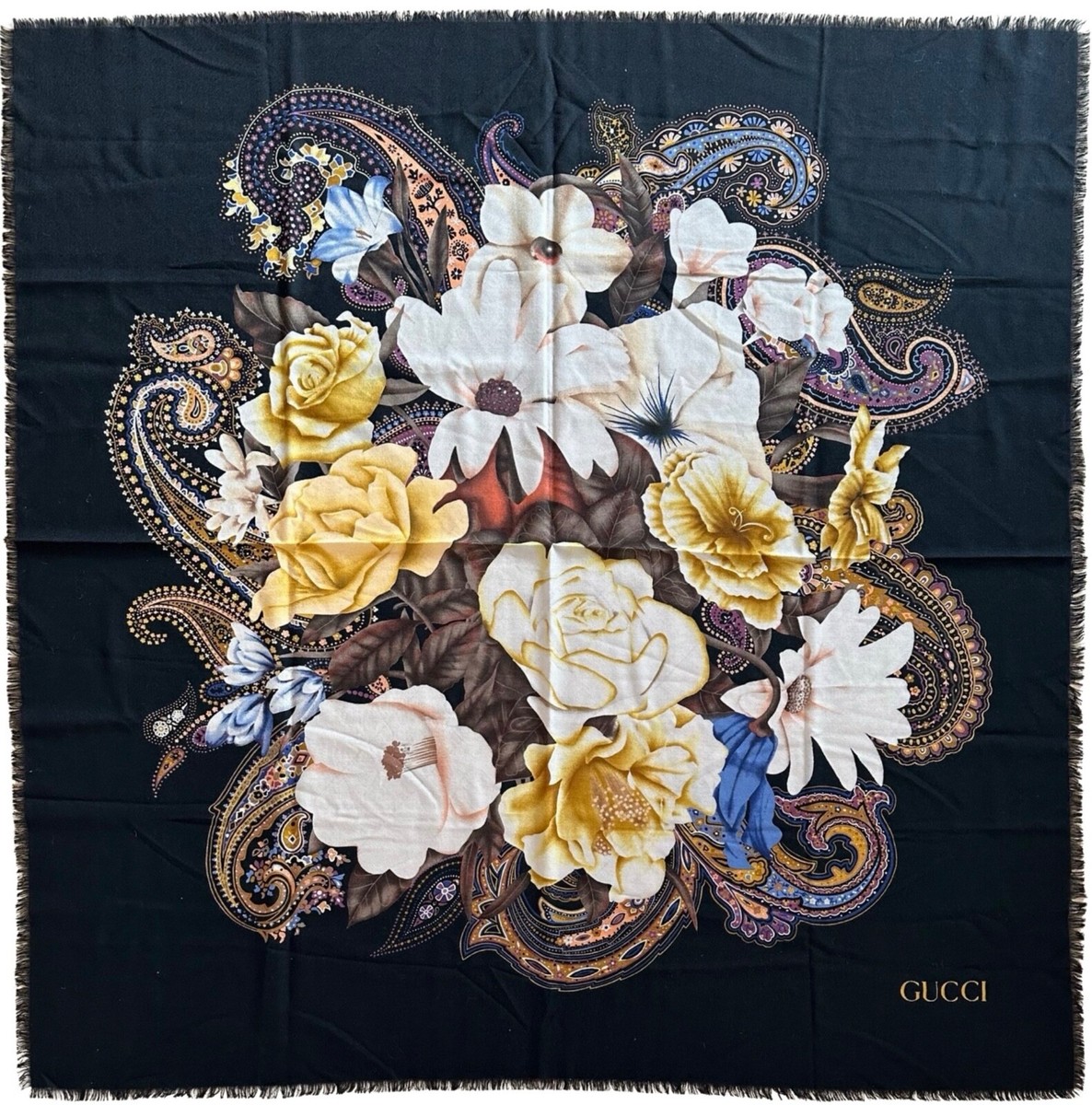 GUCCI vintage black floral large wool scarf 53”x 54” | eBay
