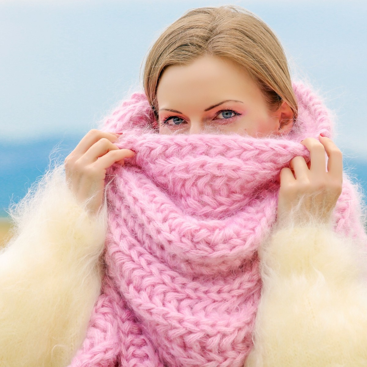 Thick pink fuzzy mohair scarf extra long shawl handknit neck