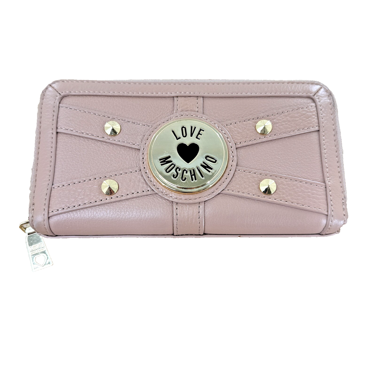 Love Moschino Zip Wallet Clutch Leather Taupe Brass Hardware Heart