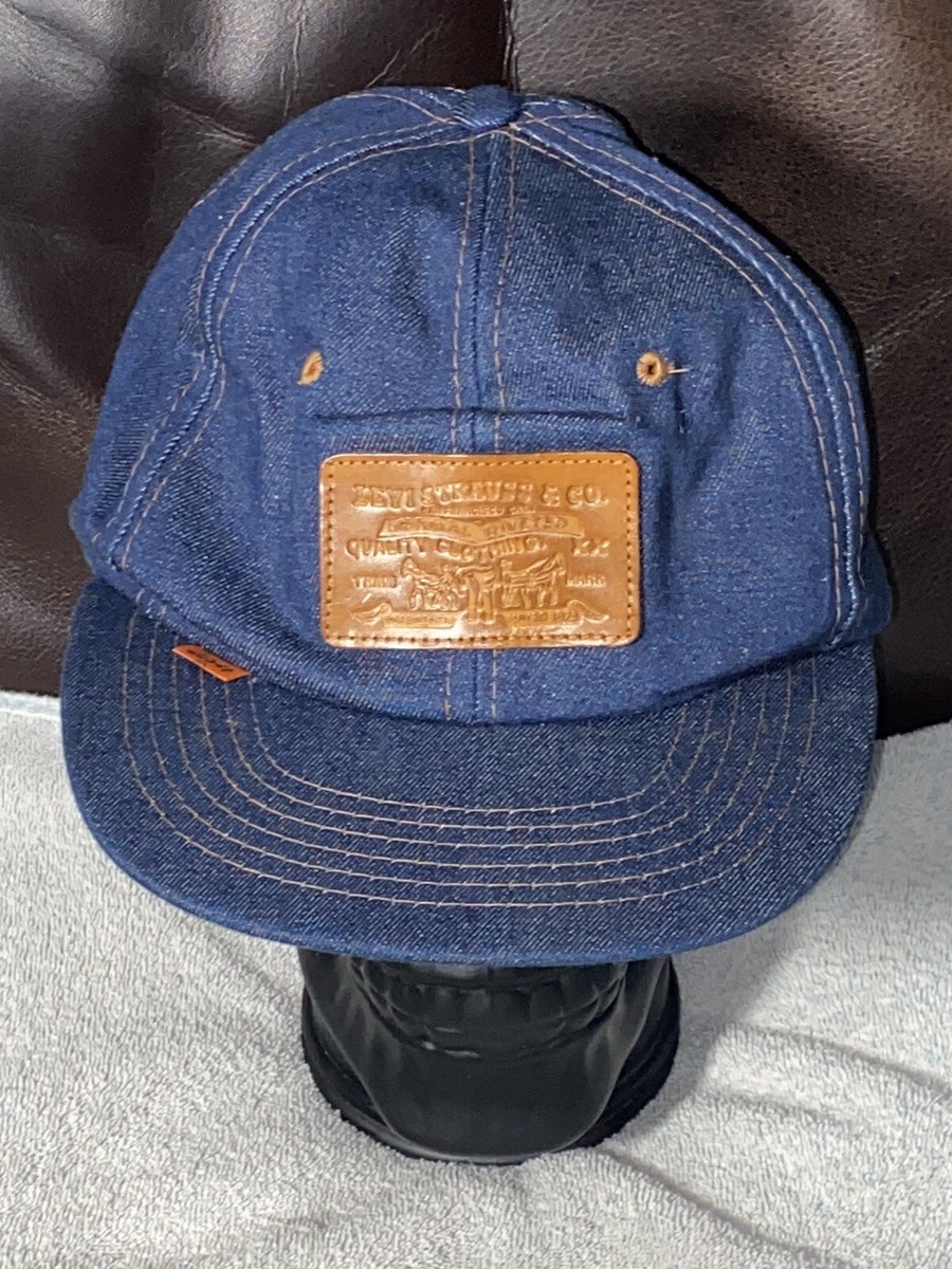 NOS Vintage Levis Strauss Denim Leather Patch Hat Trucker Cap