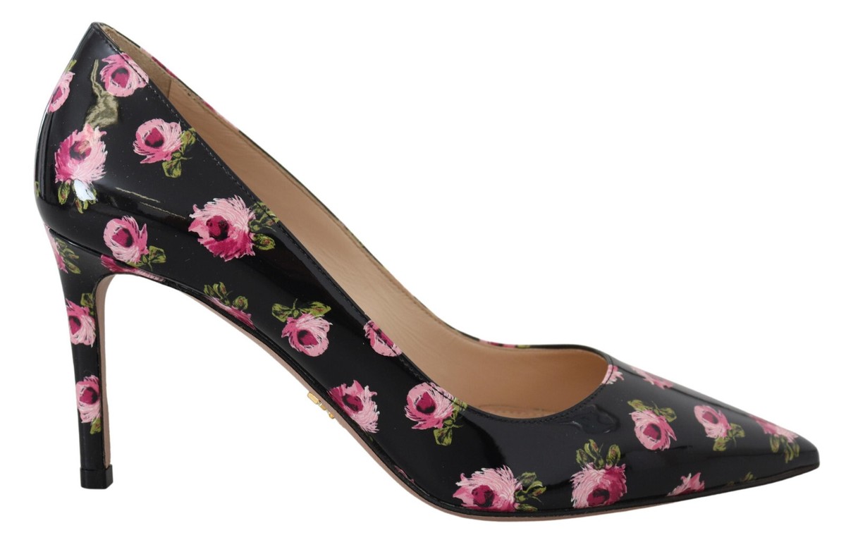 PRADA Shoes Black Leather Floral Heels Stilettos Pumps EU39.5 /US9