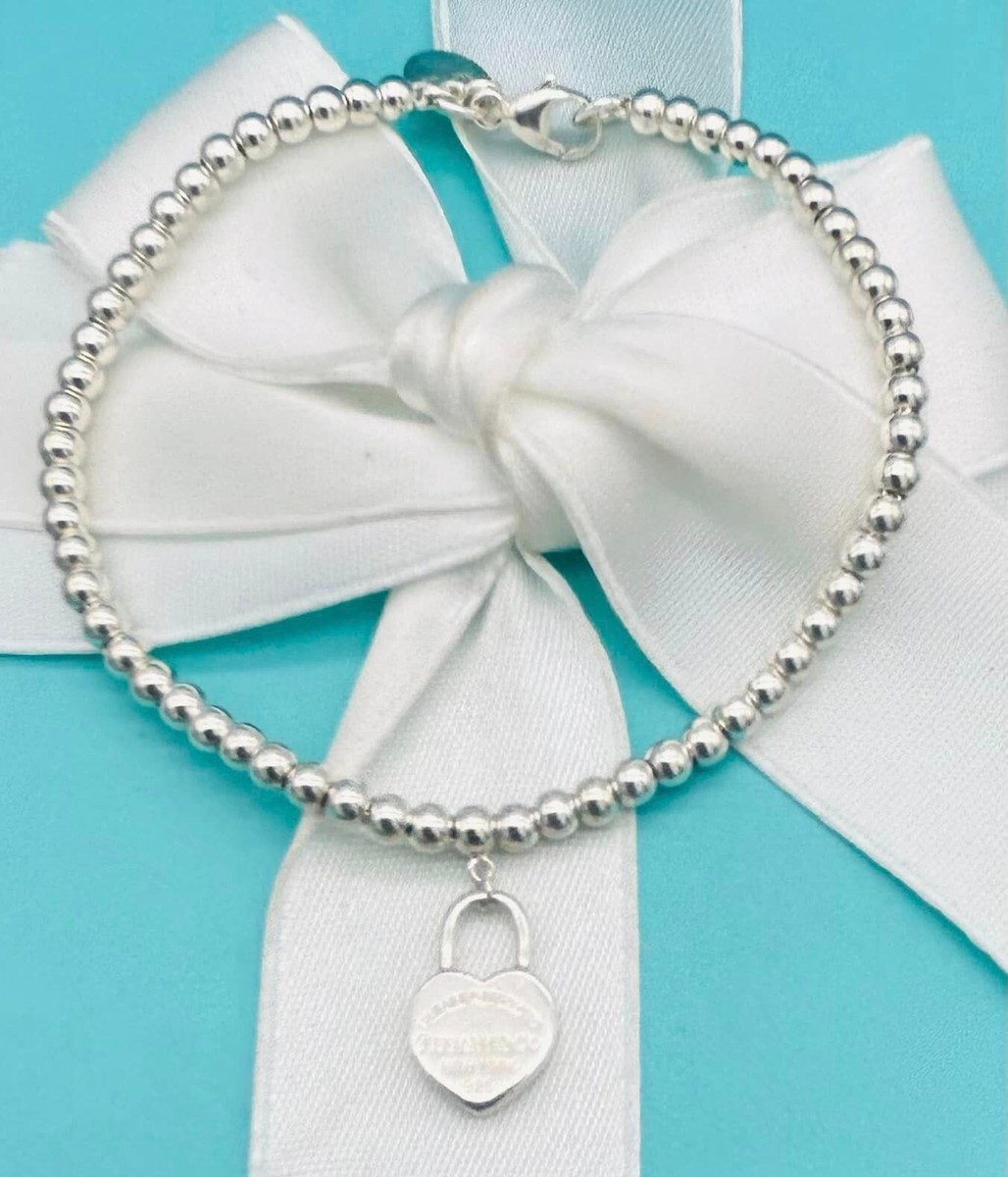 Tiffany & Co. 925 Silver Mini Bead RTT Heart Lock 6.75” Bracelet