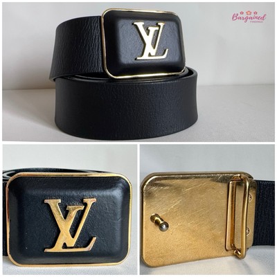 Authentic Louis Vuitton Black Leather Gold LV Logo Square Buckle